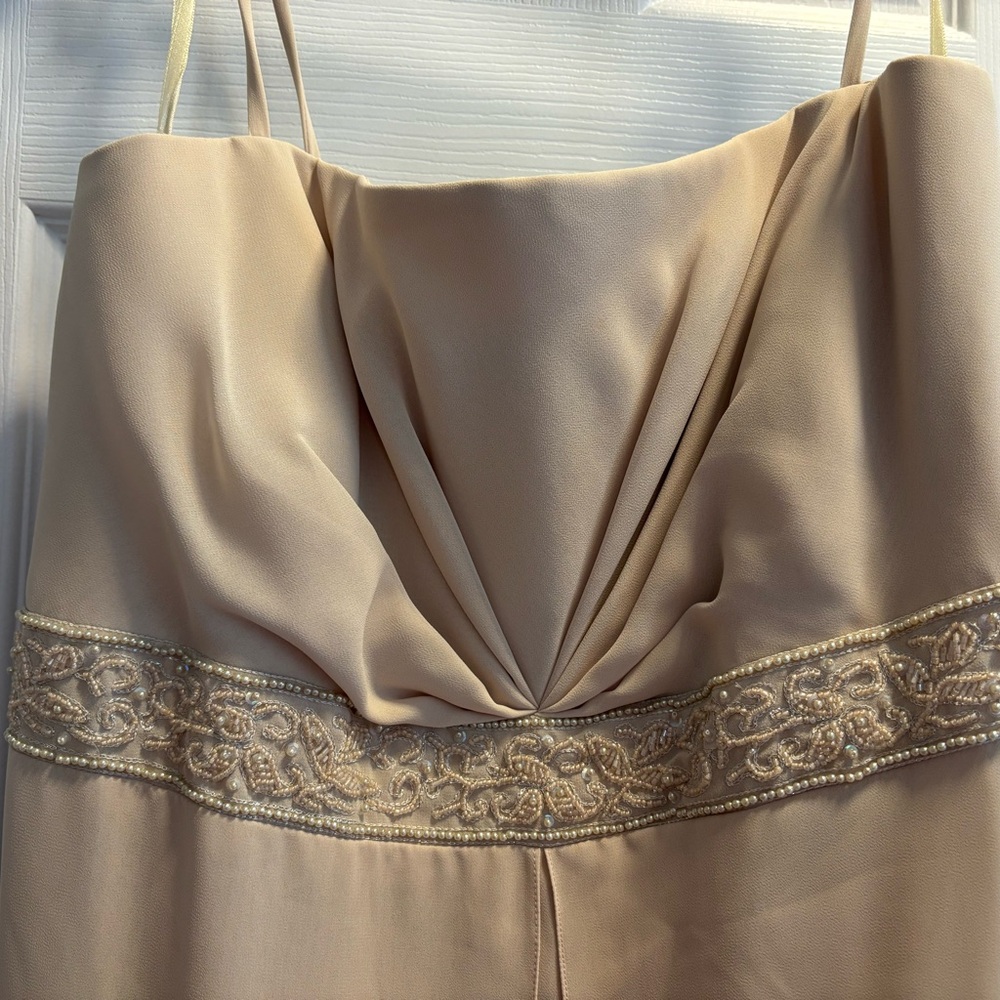 Elegant Champagne Color Dress with Beaded Detail and Wrap